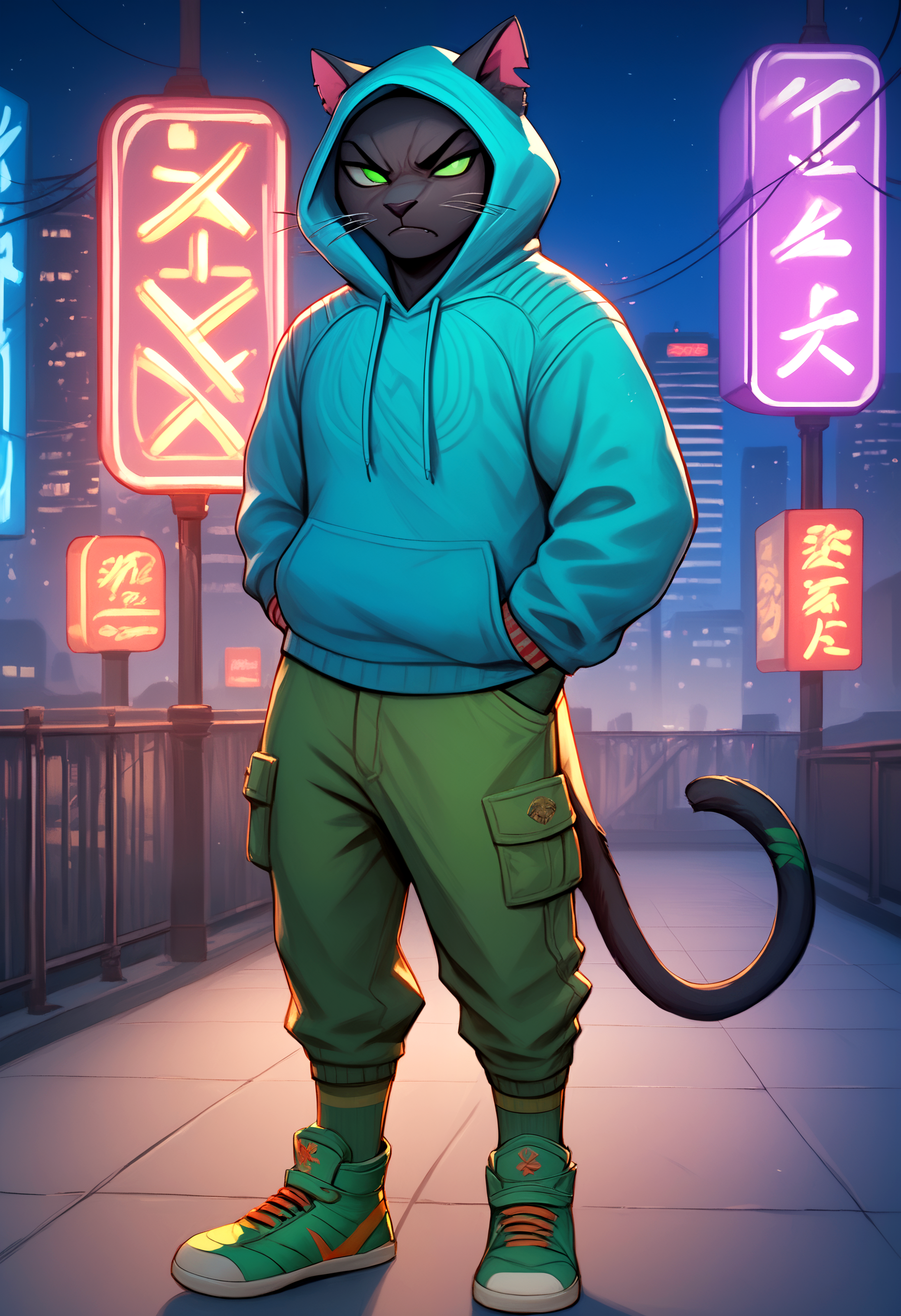 score_9, score_8_up, score_7_up, 1boy, solo,  <lora:NyanjaPony-000003>, Nyanja, bad luck, no pupils, black fur, green eyes, dark blue hooded sweater, green pants, green shoes, green socks, black tail, hands in pocket, angry, looking at viewer,  city, night, neon lights, city lights,