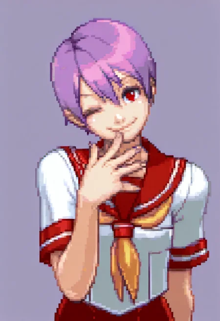 masterpiece, best quality, solo, looking at viewer, 1girl, smile, <lora:Ace-Attorney-Portraits-illus_Fp:1>, portrait, upper body, pixel art, simple background, <lora:Lilith-illus_Fp:1>, lilithsch, short hair, red eyes, purple hair, school uniform, serafuku, yellow neckerchief, red sailor collar, red skirt, short sleeves, one eye closed, head tilt,