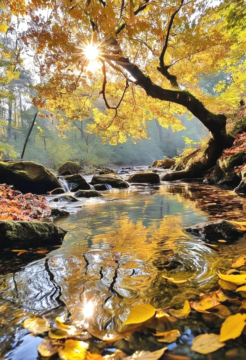 A gentle ️air current rustles through the canopy of a towering earth elm, dislodging a cascade of golden leaves. They pirouette and twirl in the air, their descent slowed by the resistance. As they touch the surface of a crystal-clear water stream, the water ripples outwards in concentric circles, momentarily breaking the perfect reflection of the fiery ☀️sun setting on the horizon.