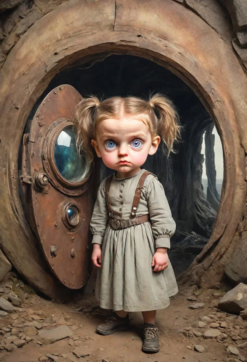 vintage steemtechnopunk halfbody Of a ugly child girl, hands behind, wide angle perspective, in front of a portal to another universe, (so much away but close to home:1.25), perfect eyes looking at viewer, masterpiece by (sorserob:0.5), (highly details, best quality:1.125)