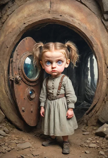 vintage steemtechnopunk halfbody Of a ugly child girl, hands behind, wide angle perspective, in front of a portal to another universe, (so much away but close to home:1.25), perfect eyes looking at viewer, masterpiece by (sorserob:0.5), (highly details, best quality:1.125)