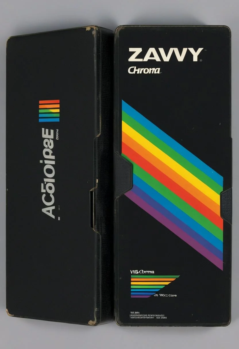 vhs-box, text focus, english text, vhs casette, "ZAVY:CHROMA" logo, rainbow stripe, vhs black case, E-180, PANASONIC, retrowave