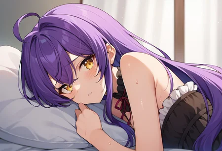 score_9, score_8_up, score_7_up, source_anime, pov across bed, upper body, solo focus, purple hair, ribbon, frills, yellow eyes, very long hair, ahoge, sweat