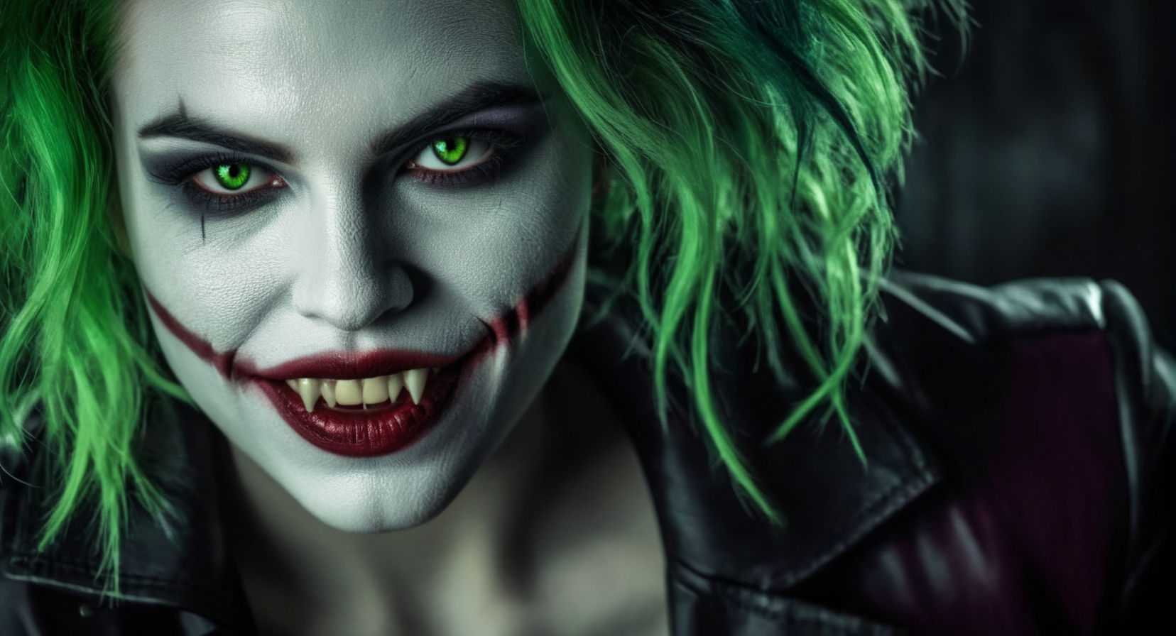 Dark Fantasy Art of  <lora:cinematic vampire film style:1>
a very hot vampire woman with vampire teeth and reflective grey eyes dressed as a joker with green hair cinematic vampire film style, dark, moody, dark fantasy style