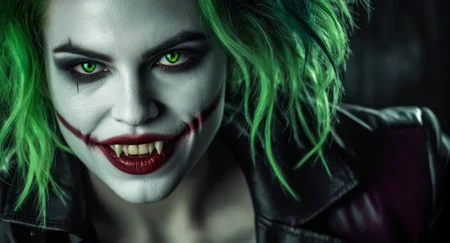 Dark Fantasy Art of  <lora:cinematic vampire film style:1>
a very hot vampire woman with vampire teeth and reflective grey eyes dressed as a joker with green hair cinematic vampire film style, dark, moody, dark fantasy style
