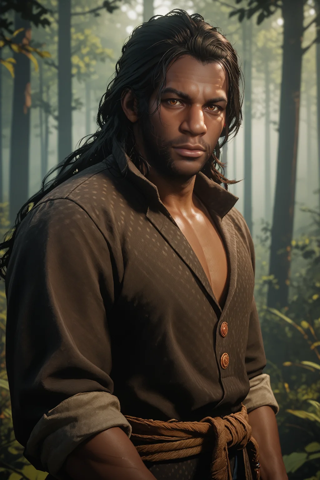 score_9, score_8_up, score_7_up,
<lora:RDR2Charles:0.8>
RDR2Charles, 1boy, black hair, brown eyes, long hair, facial hair, dark skin, looking at viewer, standing in a Dark forest with moonlight filtering through, mysterious and serene