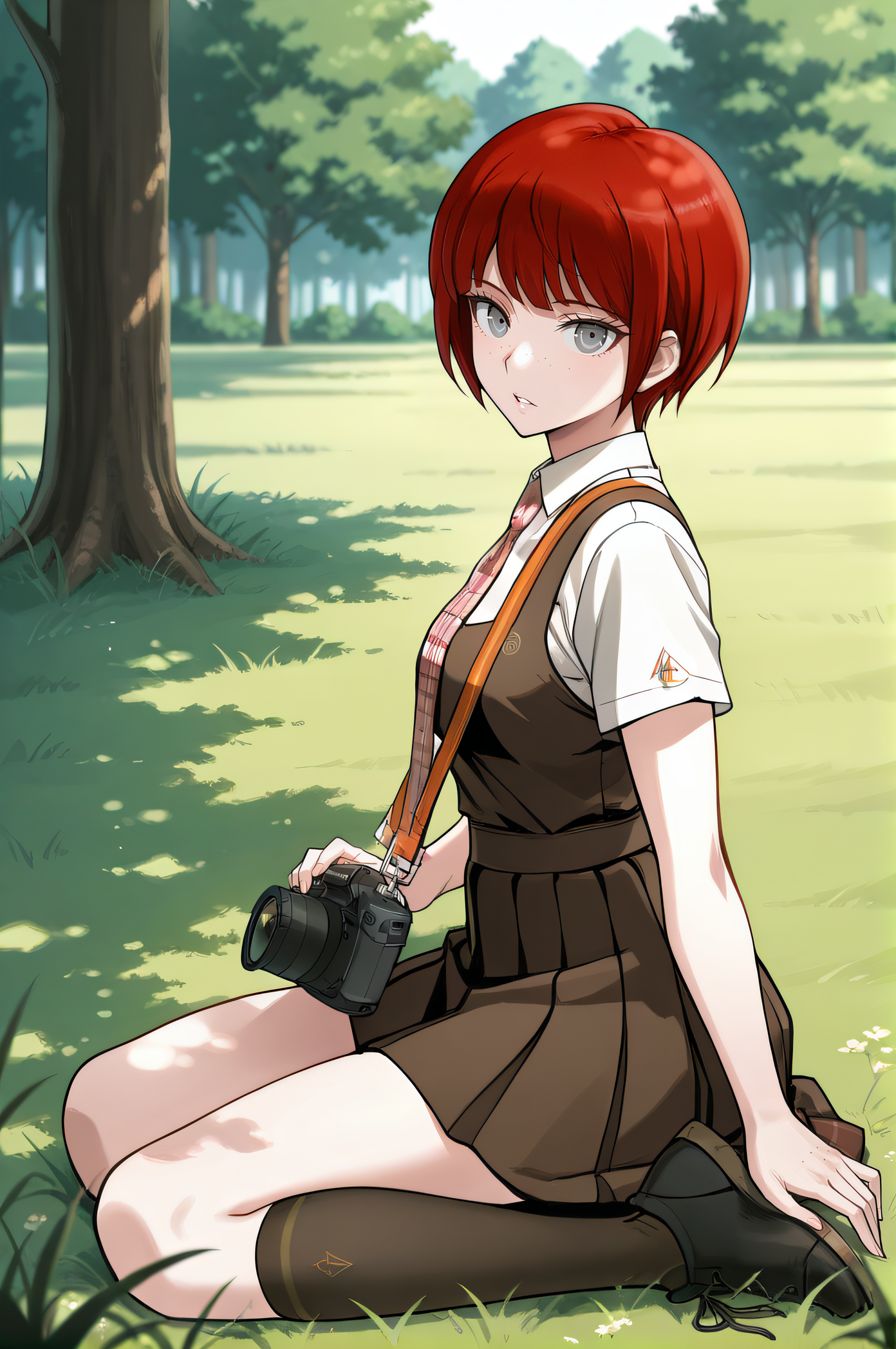 masterpiece, best quality, highres, scenery, newest, 1girl, solo, official style,  <lora:Koizumi_Mahiru:1>, mahiru, red short hair, grey eyes, freckles, white shirt, short sleeves, plaid necktie, pinafore dress, camera, kneehighs, black shoes, full body, outdoor, looking at viewer, parted lips, sitting on grass, tree behind, from side, side view, looking at viewer