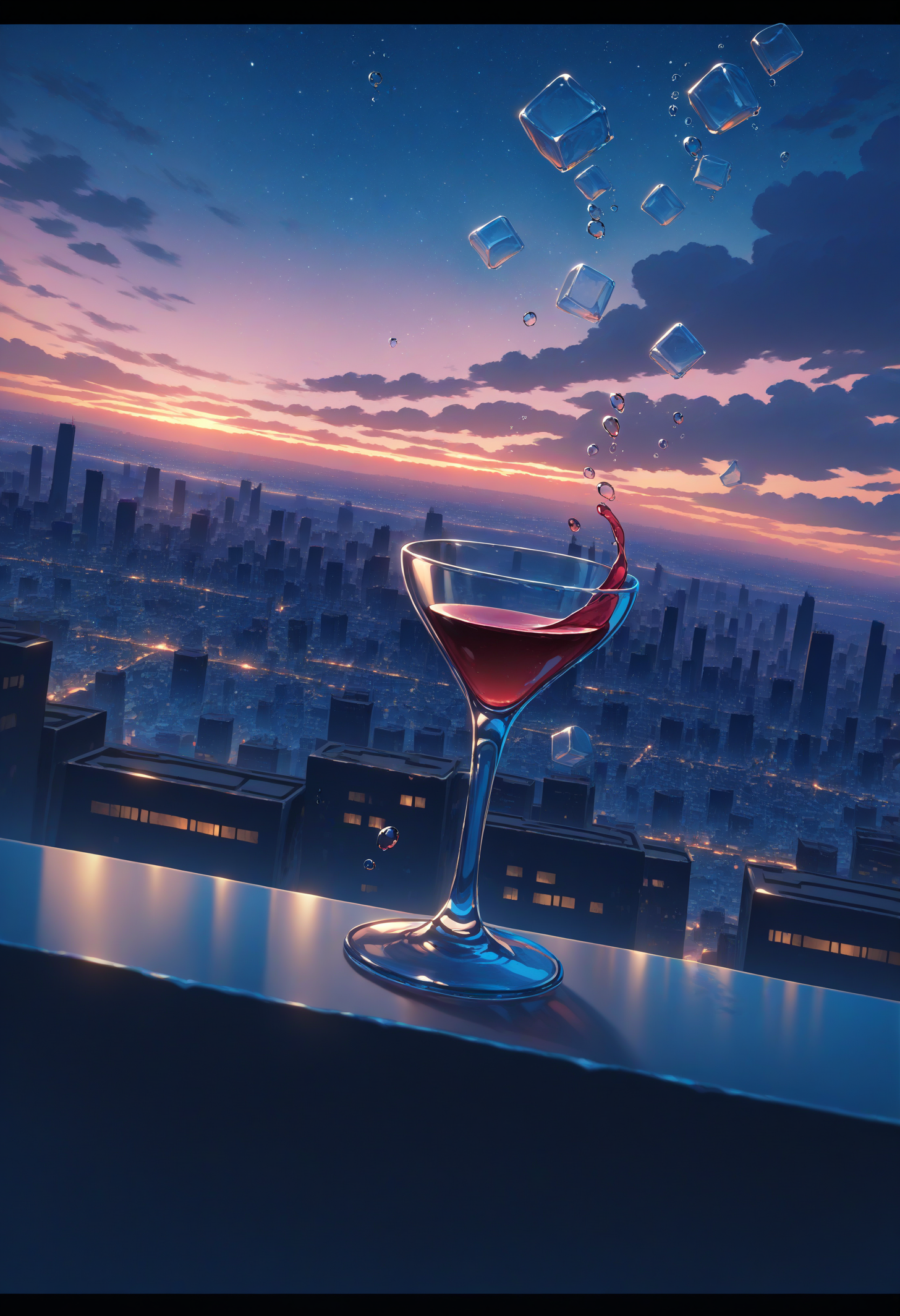masterpiece, best quality, newest, absurdres, highres, detailed, 1girl,  <lora:Detailer_NoobAI_Incrs_v1:1.0>, detailed, ice cube, scenery, letterboxed, cloud, cloudy sky, building, cityscape, air bubble, city lights, skyscraper, outdoors, sunset, water drop, skyline, evening, twilight, dutch angle, horizon, glass, star (sky), gradient sky, wine glass,