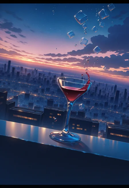 masterpiece, best quality, newest, absurdres, highres, detailed, 1girl, <lora:Detailer_NoobAI_Incrs_v1:1.0>, detailed, ice cube, scenery, letterboxed, cloud, cloudy sky, building, cityscape, air bubble, city lights, skyscraper, outdoors, sunset, water drop, skyline, evening, twilight, dutch angle, horizon, glass, star (sky), gradient sky, wine glass,