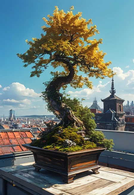 ultra high resolution, masterpiece, best quality,artwork, Cinematic style, play of shadow and light, masterpiece, hyper realism, a high-resolution photograph, golden ratio, dutch angle, dynamic, side view, asymmetry, contrasting, unique, enigmatic, a (tiny bonsai) on a table, outdoor, urban environment, rooftop, vibrant artwork, cyberpunk, anime, aidma-niji , no human