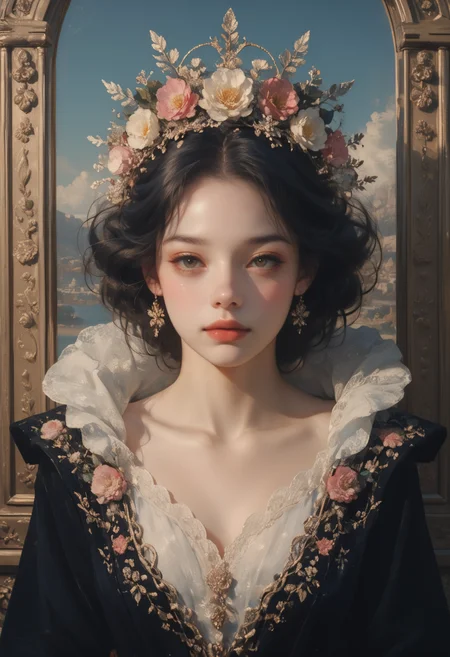 score_9, score_8_up, score_7_up, the girl of the dear shell wearing floral crown, occlusion shadow, specular reflection, rim light, unreal engine, artgerm, artstation, art by hiroaki samura and ilya kuvshinov and ossdraws, high quality, intricate detailed 8 k, fantasy illustration, extremely beautiful and aesthetic shape of face and body, movie poster