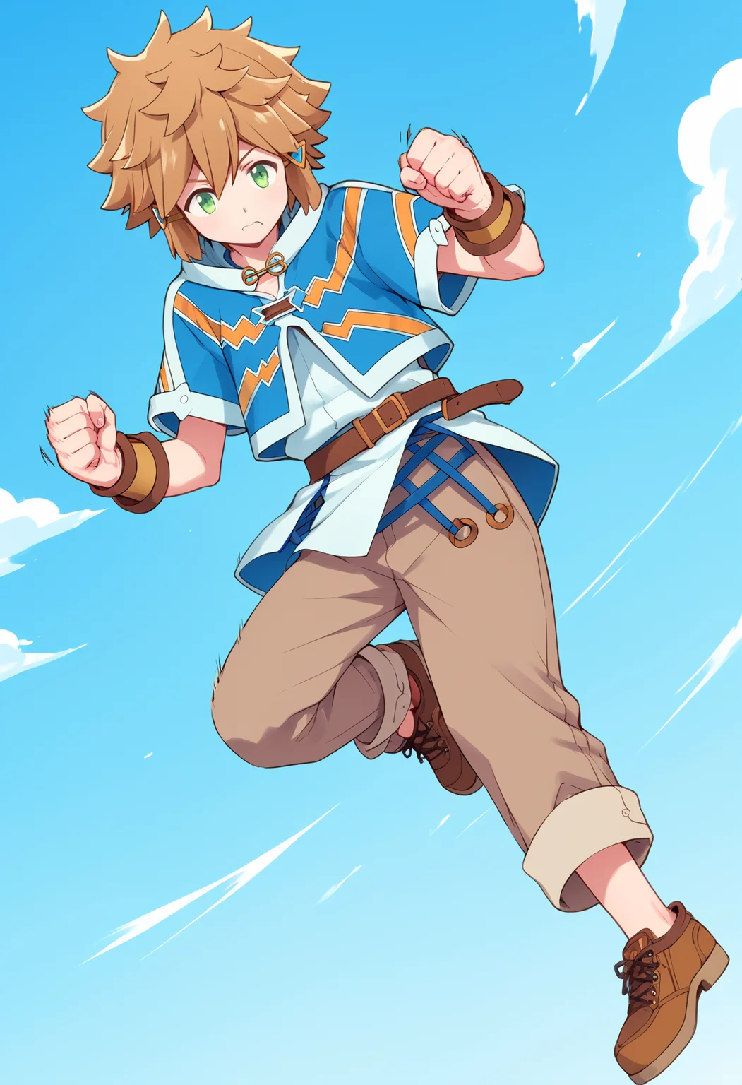 score_9,score_8_up,score_7_up,score_6_up,score_5_up,score_4_up,lloyd belladonna,solo,1boy,full body,male focus,shoes,pants,belt,blue background,clenched hands,kicking,blue cropped jacket,white tunic,brown pants,<lora:lasdanV2:1>,dutch angle,brown footwear,bracer,sky,speed lines,