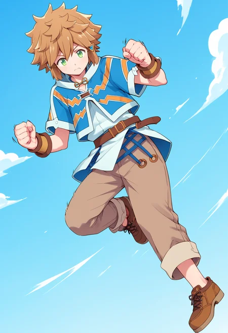 score_9,score_8_up,score_7_up,score_6_up,score_5_up,score_4_up,lloyd belladonna,solo,1boy,full body,male focus,shoes,pants,belt,blue background,clenched hands,kicking,blue cropped jacket,white tunic,brown pants,<lora:lasdanV2:1>,dutch angle,brown footwear,bracer,sky,speed lines,