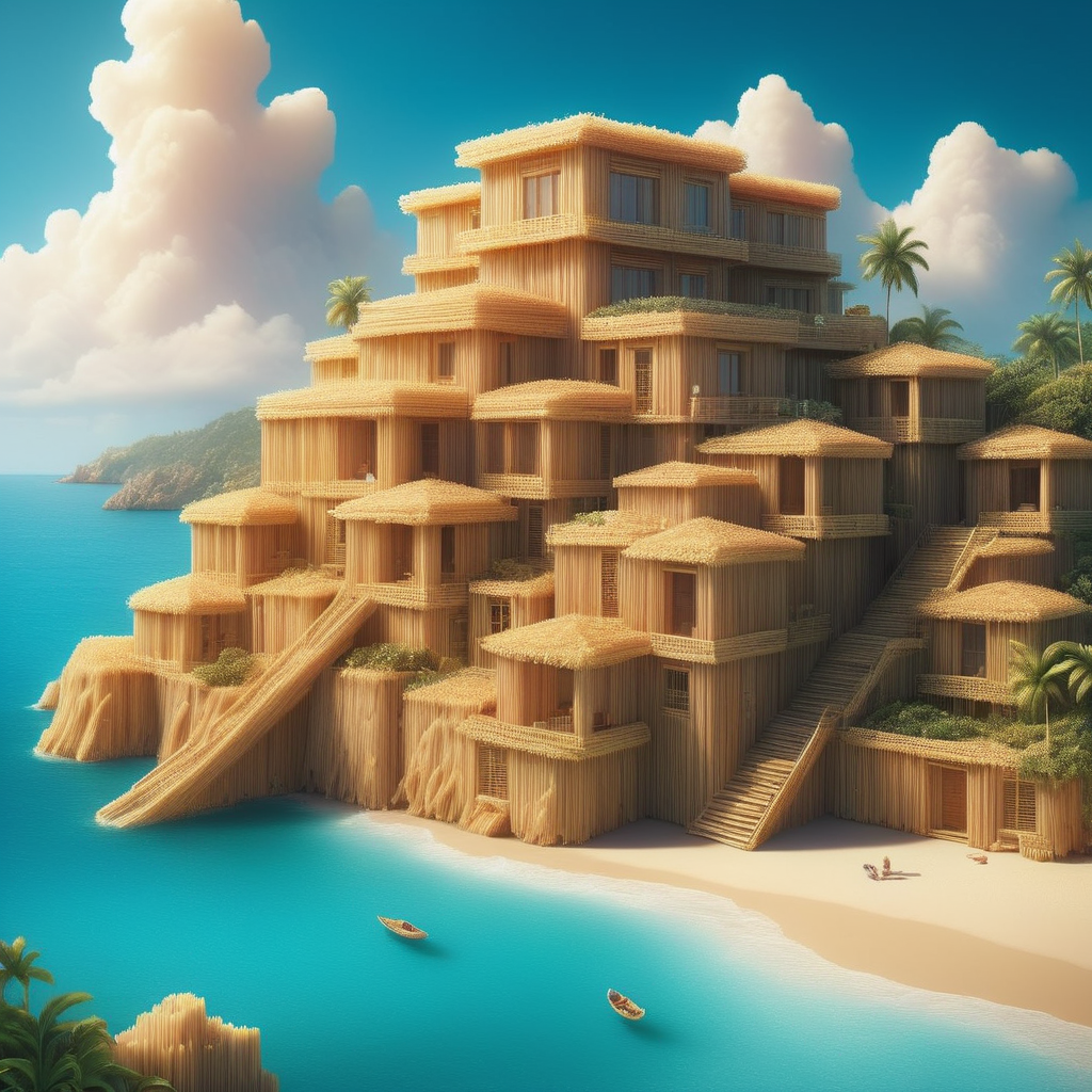 (masterpiece, best quality, ultra-detailed, finely detailed, photorealistic), a meticulously detailed professional illustration, a seaside Mexican  mayan riviera with harbor, beautiful sky, overlook the sea, detailed background, depth of field, like a cover of a travel magazine, a spaghettify house,<lora:Spaghettify:0.8>