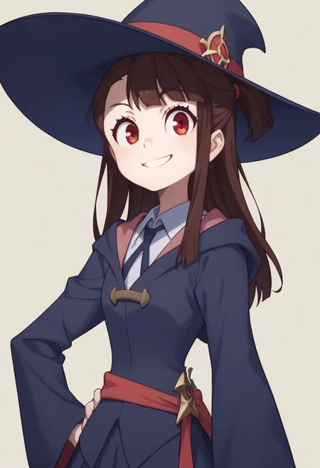 score_9, score_8_up, source_anime, highly detailed, 
akko, 1girl, solo, hat, red eyes, witch hat, smile, brown hair, luna nova school uniform, long hair, boots, hand on hip, looking at viewer, upper body,