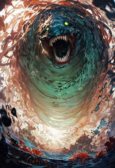 (score_9, score_8_up), score_7_up, zPDXL, Illustration Masterpiece, ocean floor, darkness, underwater, the Leviathan of Sea_Snakes (monstrous, powerful, the embodiment of all of the Power, Pressure and Force of the Ocean. at the bottom of the ocean, swirling coils, mottled, shifting, translucent skin, sharp teeth, the inversion of nature, weight), a powerful sea_current pours down into a darkened trench, sediment, detritus, riptide, whirlpool, pressure, depth, bubbles, light filters down from above, glowing specks in the water, flotsam and jetsam, swirling vortexes of saltwater spiral downward into the void. Color: sea-green, teal, aqua, cream, dark green. rays of light shine through the thick darkness, dramatic lighting, lit from above, darkness below,