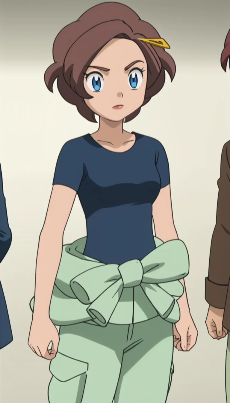 shaqi,1girl,brown hair,short hair,blue eyes,shirt,green pants,<lora:Grace-000010:1>,, anime screencap,score_9,simple background,
