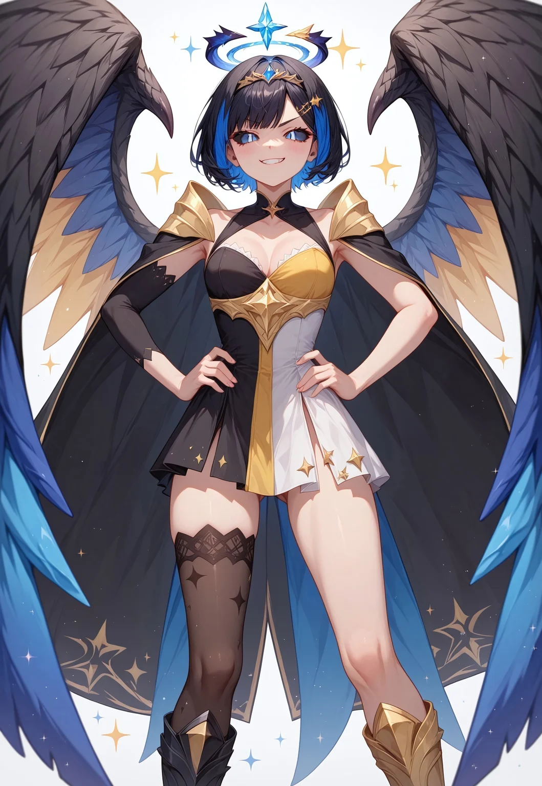 score_9, score_8_up, score_7_up, score_6_up, score_5_up, score_4_up , (1girl), Shion Tachibana, short hair, black hair, multicolored blue hair, blue crystal eyes, two tone hair, hair ornament, masterpiece, best quality, absurdres,
(split theme, dual persona, polar opposites:1.3),
angel girl, demon girl, (asymmetrical clothes), white dress, black dress, multicolored dress, asymmetrical dress, gold tiara, spiked tiara, broken halo, dark halo, angel wings, (demon wings, mismatched wings, asymmetrical wings), golden cape, black cape, mismatched legwear, asymmetrical legwear, armored boots,
clouds and stars, golden gates, sparkles, sparkling scales, slit pupils, sharp focus, (glossy gold clothing, glittering gold fabric),
feet out of frame, standing, straight-on, legs apart, hands on hips, clenched hands, looking at viewer, smirk, smug, black sclera, mismatched sclera,
intricate, highly detailed, majestic, shallow depth of field, movie still, circular polarizer