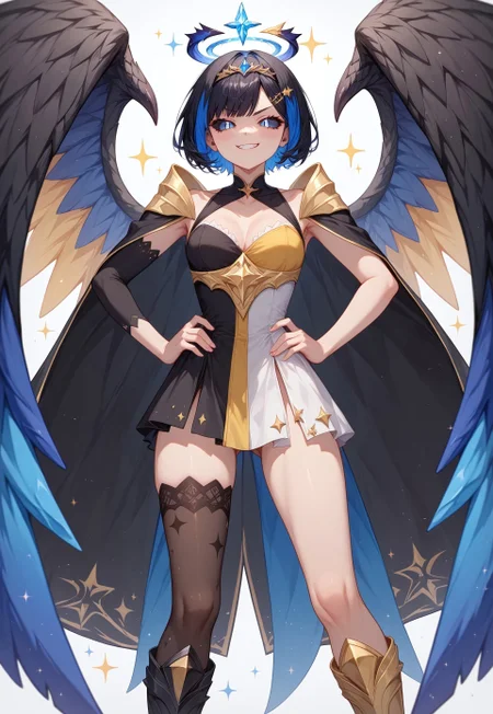 score_9, score_8_up, score_7_up, score_6_up, score_5_up, score_4_up , (1girl), Shion Tachibana, short hair, black hair, multicolored blue hair, blue crystal eyes, two tone hair, hair ornament, masterpiece, best quality, absurdres,
(split theme, dual persona, polar opposites:1.3),
angel girl, demon girl, (asymmetrical clothes), white dress, black dress, multicolored dress, asymmetrical dress, gold tiara, spiked tiara, broken halo, dark halo, angel wings, (demon wings, mismatched wings, asymmetrical wings), golden cape, black cape, mismatched legwear, asymmetrical legwear, armored boots,
clouds and stars, golden gates, sparkles, sparkling scales, slit pupils, sharp focus, (glossy gold clothing, glittering gold fabric),
feet out of frame, standing, straight-on, legs apart, hands on hips, clenched hands, looking at viewer, smirk, smug, black sclera, mismatched sclera,
intricate, highly detailed, majestic, shallow depth of field, movie still, circular polarizer