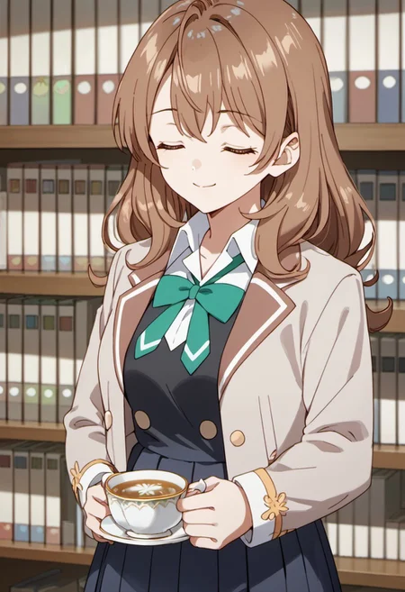 score_9, score_8_up, score_7_up, source_anime,maria mikhailovna kujou, brown hair, long hair, brown eyes, 1girl, solo, closed eyes, cup, bow, bookshelf, smile, jacket, holding, school uniform, teacup, shirt, anime coloring