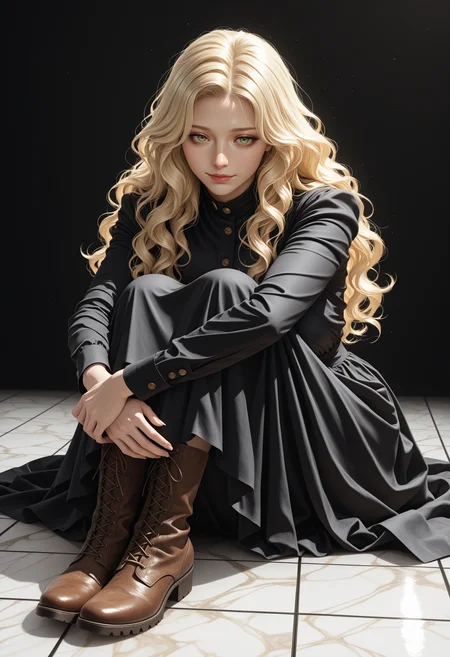 masterpiece,best quality,amazing quality,very aesthetic,absurdres,newest,detailed eyes, realistic body, detailed, woman, 1girl, light smile, sitting, on ground, marble floor, black and white floor, tile floor, simple background, black background, black dress, long dress, hugging own legs, blonde hair, long hair, wavy hair, green eyes,  long sleeves, brown footwear, boots, buttons, 
<lora:NOOB_vp1_detailer_by_volnovik_v1:0.6>, <lora:spo_sdxl_10ep_4k-data_lora_webui:1>,