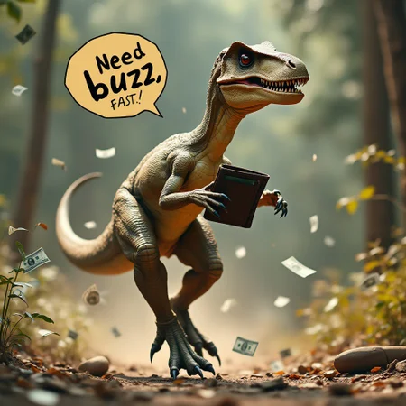 hyper realistic velociraptor running near the viewer with speed effect in the background while he steals the viewer's wallet and while shouting in a speech balloon: "Need buzz, fast!". He's body is distorted by the speed, the wind is strong, but he keeps running. Money is flying everywhere from his wallet,