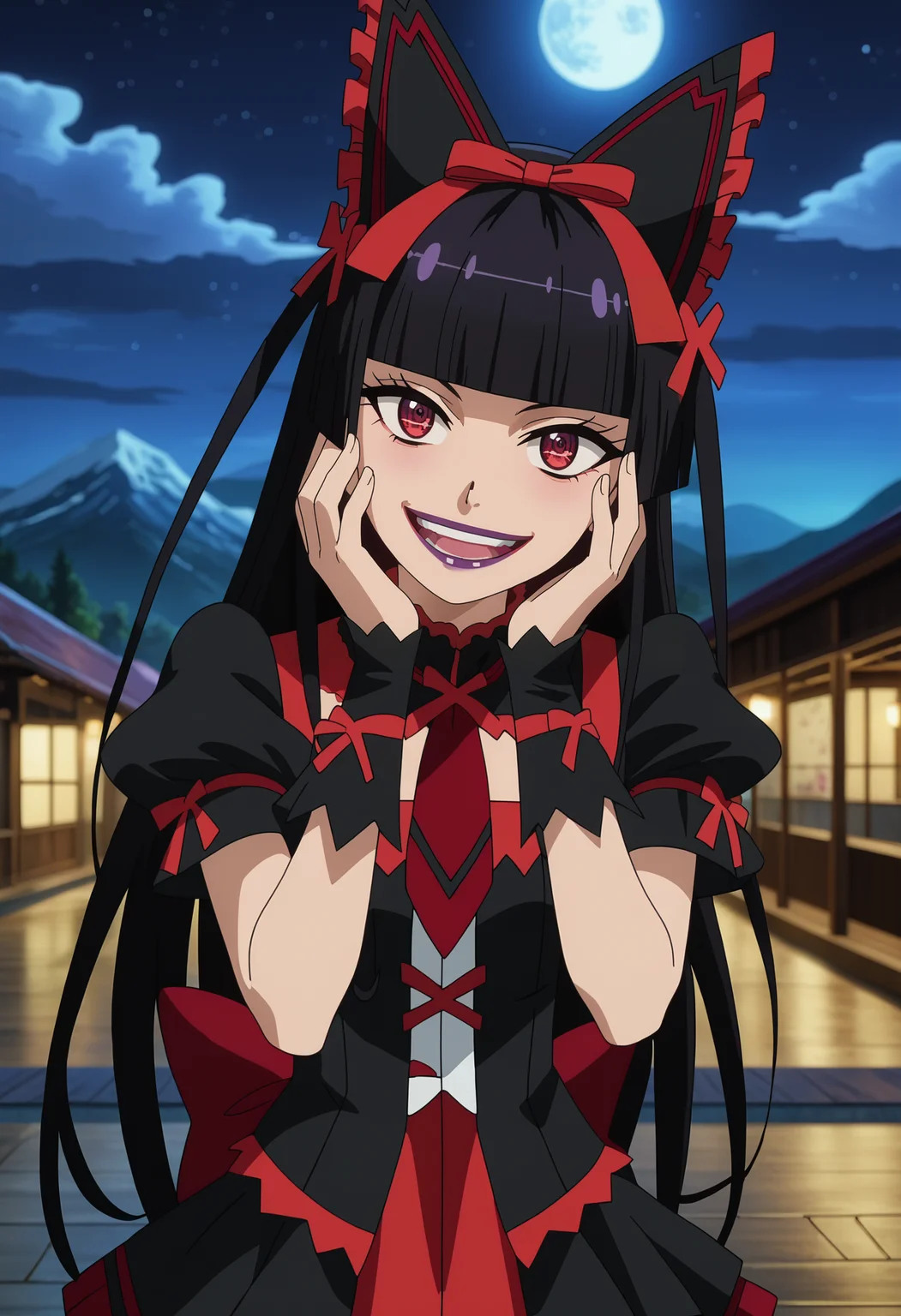 score_7_up, anime screencap,
<lora:GATE_RoryMercuryXL:0.9>, RoryMercury,
1girl, (yandere:1.1), crazy smile, crazy eyes, open mouth,
long hair, black hair, red eyes, hime cut, blunt bangs, purple lipstick, hair bow,
multicolored dress, black dress, red dress, puffy short sleeves, red necktie, black thighhighs, arm warmers,
head tilt, hands on own face, standing, looking at viewer,
blurry background, night, night sky, moon, mountains, scenery