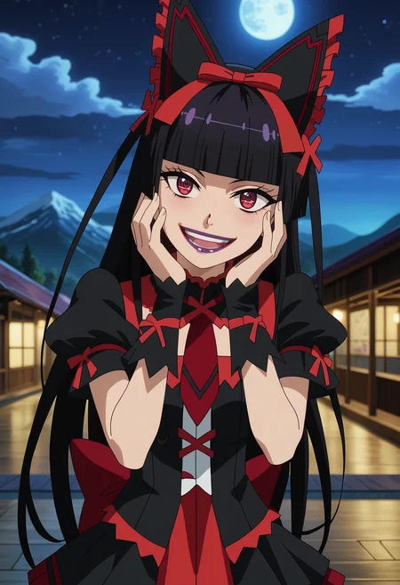 score_7_up, anime screencap,
<lora:GATE_RoryMercuryXL:0.9>, RoryMercury,
1girl, (yandere:1.1), crazy smile, crazy eyes, open mouth,
long hair, black hair, red eyes, hime cut, blunt bangs, purple lipstick, hair bow,
multicolored dress, black dress, red dress, puffy short sleeves, red necktie, black thighhighs, arm warmers,
head tilt, hands on own face, standing, looking at viewer,
blurry background, night, night sky, moon, mountains, scenery