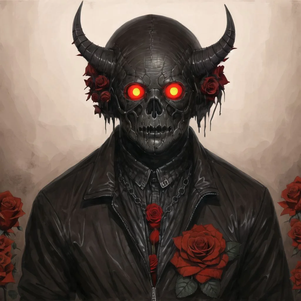<lora:arielp:1.0>,
(arielpstyle:1.0), dark, horror, creepy, creepy-looking, painting, lovecraftian,
ameinu, black hair, black jacket, brown hair, demon, flower, highres, jacket, orange eyes, red flower, red rose, rose, shirt, short hair, white shirt