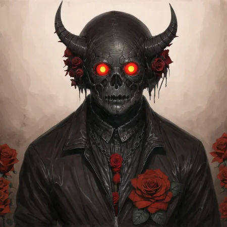 <lora:arielp:1.0>,
(arielpstyle:1.0), dark, horror, creepy, creepy-looking, painting, lovecraftian,
ameinu, black hair, black jacket, brown hair, demon, flower, highres, jacket, orange eyes, red flower, red rose, rose, shirt, short hair, white shirt