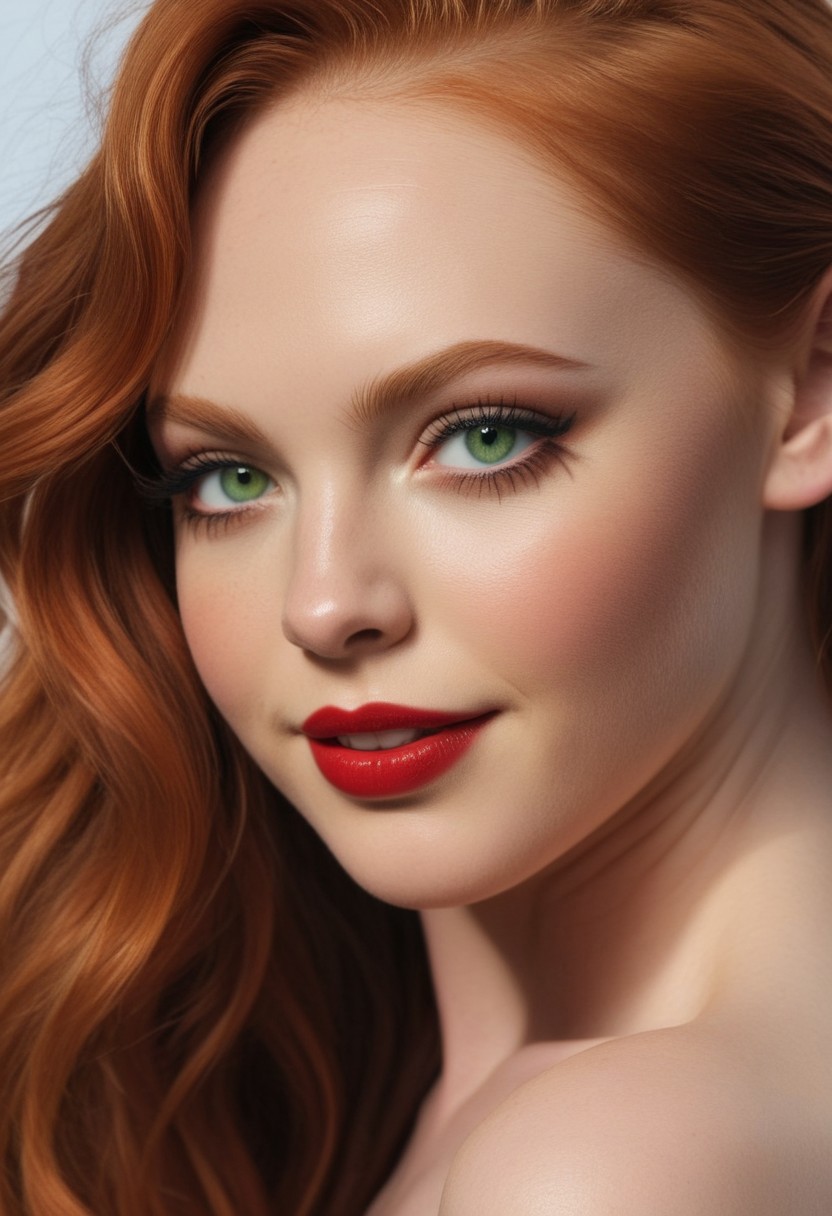 (flawless), score_9, score_8_up, 1woman,dynamic pose, hyper-realistic ((half-face close-up)) of a beautiful woman's eye, focus on eye,((overall round face structure)), ((intense, ultra-realistic beautiful pale green eye)), ((hair strands falling over one eye)), delicate features of her face are framed by long, wavy red hair, seductive look, sexy smile, slightly tousled, real skin, dramatic side lighting, intricate shadows across her face, red lips, moody, piercing gaze, hauntingly beautiful, cinematic moment, (masterpiece:1.2),(Amazing quality), 8K, (high detail:1.4), (highres:1.4), (ultra detailed:1.4), embedding:detailxl, (phenomenal aesthetic),
