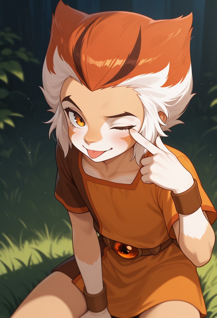 masterpiece, absurdres, high quality, perfect anatomy, 1boy, solo, cute boy, male focus, Wilykat, Two-tone fur, Two-tone hair, orange hair, white hair, black streaks in hair, amber eyes, feline eyes, Two-tone tunic, Orange and brown tunic, wristbands, tongue out, (akanbe:2), smile, eyelid pull, left eye closed, cinematic, intricately detailed illustration, depth of field, masterpiece, best quality, amazing quality, very aesthetic, absurdres, newest, very awa,