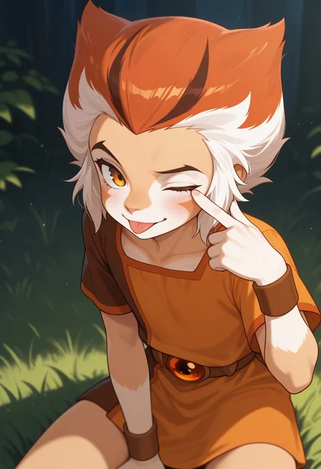 masterpiece, absurdres, high quality, perfect anatomy, 1boy, solo, cute boy, male focus, Wilykat, Two-tone fur, Two-tone hair, orange hair, white hair, black streaks in hair, amber eyes, feline eyes, Two-tone tunic, Orange and brown tunic, wristbands, tongue out, (akanbe:2), smile, eyelid pull, left eye closed, cinematic, intricately detailed illustration, depth of field, masterpiece, best quality, amazing quality, very aesthetic, absurdres, newest, very awa,