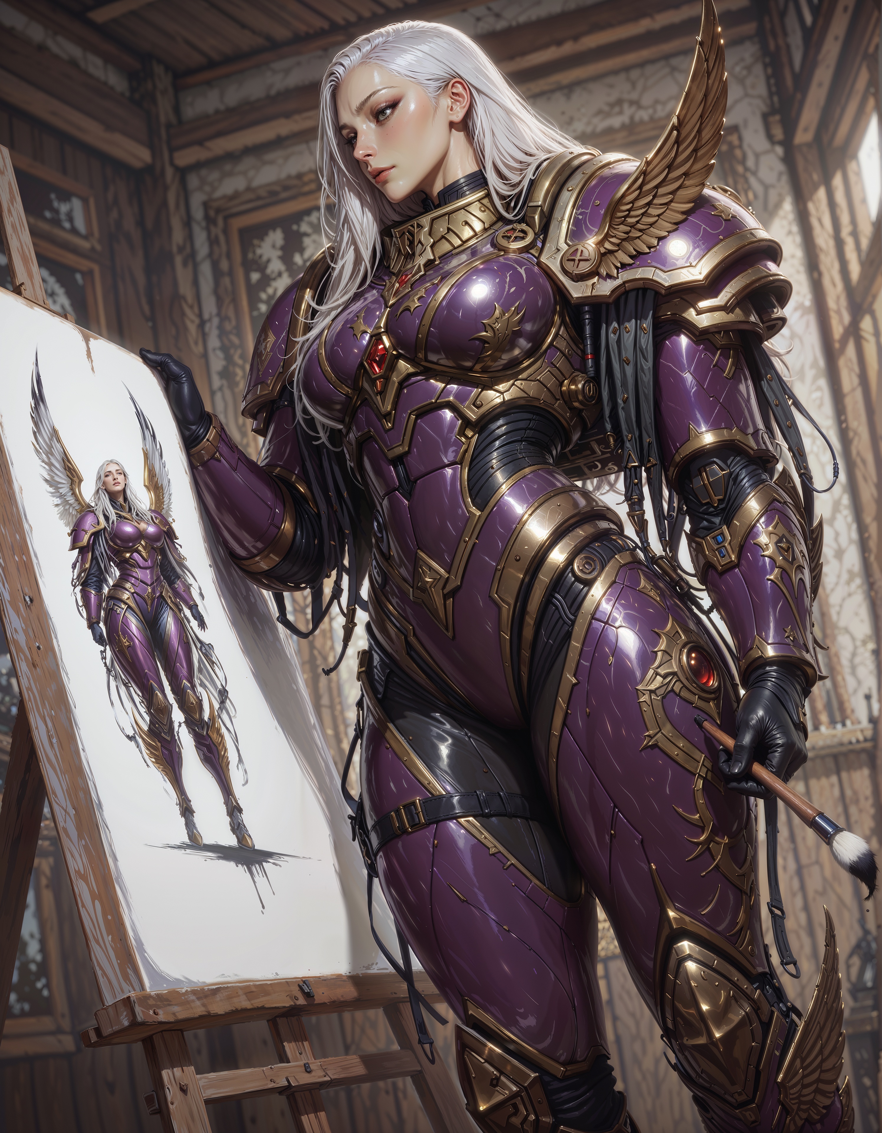 masterpiece, best quality,high quality, newest, highres,8K,HDR,absurdres, dynamic angle, realistic, 1girl, iLLFulgrim40k, solo, power armor, wing ornament, long hair, holding a Paint Brush, painting canvas, drawing, standing next to canvas, <lora:iLLMythG0thicL1nes:0.8> G0thicL1nes <lora:iLLFulgrim40k:1>