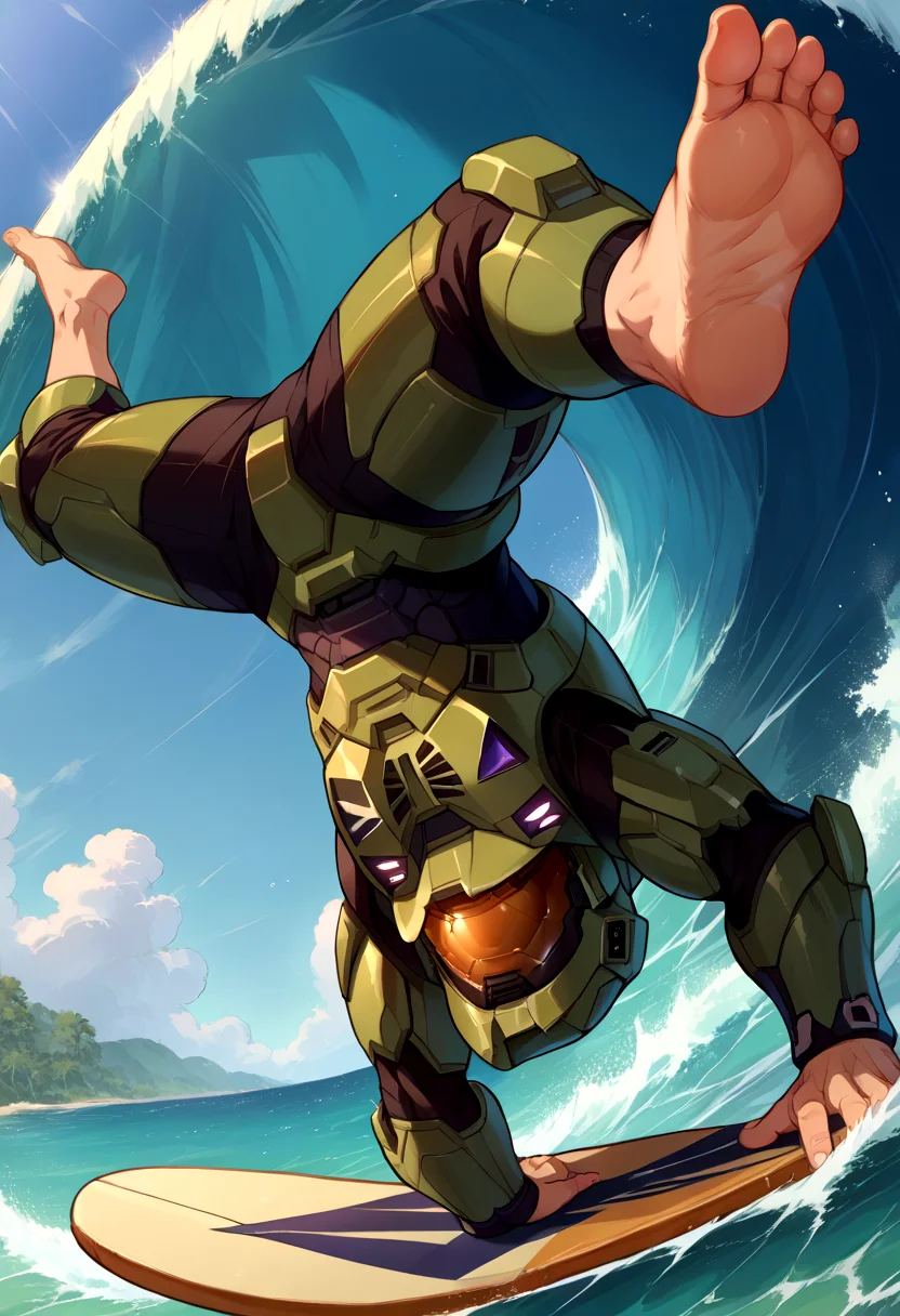 score_9, score_8_up, source_anime, 1boy, incrssurfing, surfing, barefoot, surfboard, <lora:Surfing_XLPD:1>, <lora:masterchief-halo-richy-v1_pdxl:1> masterchief, helmet, visor, power armor, upside-down, handstand,