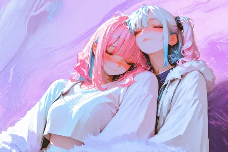 liquid_marbling, k3go-eee, leist0_illu, no lineart+++, high contrast, vivid,
2girls, yuri, light smile, head on another's shoulder, cute, hands in another's hair, blushing, pink hair, blue hair, silver hair, short hair, medium hair, wavy hair, no bangs, cropped bangs, side ponytail, streetwear, cool clothes, jacket, sweater, crop top, fluffy clothes, dress,
abstract background,
masterpiece, best quality, amazing quality, very aesthetic, absurdres, highres, newest, HDR, 8K, high detailed,
