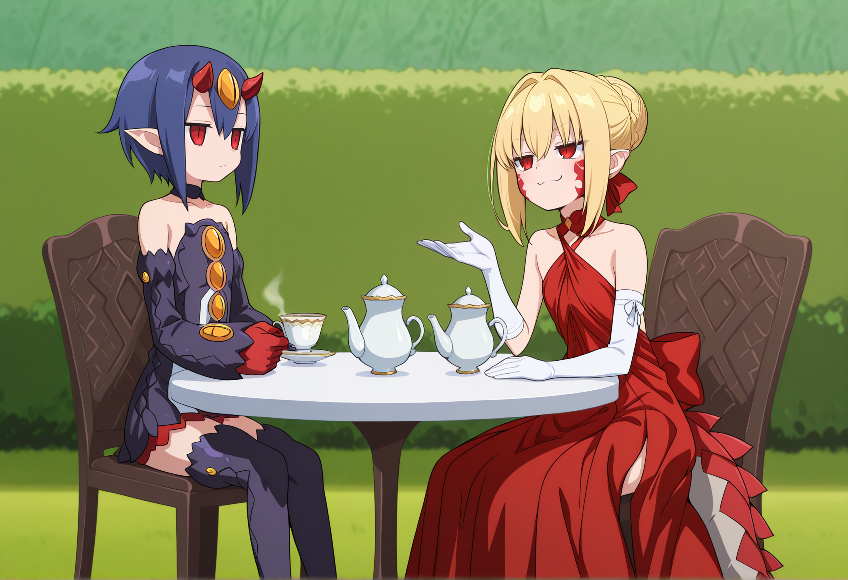 anime screenshot, anime screencap, 2girls, sitting, outdoors, garden, teacup, teapot, table, 1girl, monster girl, short hair, blue hair, red eyes, horns, forehead jewel, slit pupils, pointy ears, short dress, detached sleeves, claws, thigh boots, expressionless,  <lora:desco_disgaea:1>
BREAK
anime screenshot, anime screencap, 2girls, sitting, outdoors, garden, teacup, teapot, table, pointy ears, blonde hair, french braid, single hair bun, red eyes, facial mark, body markings, dragon tail, asymmetrical armwear, white gloves, scales, red dress, criss-cross halter, armored legwear, dragon claw, white vest, smug, shrugging,  <lora:Nero_Draco_Illus:1>, masterpiece, best quality, amazing quality, very aesthetic, absurdres, highres, newest