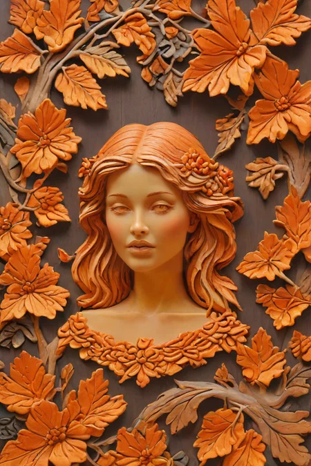 zPDXLxxx,score_9,score_8_up,score_7_up,score_6_up,score_5_up,score_4_up,<lora:Turbo_XL:1>,<lora:wooden_carved_bas-relief:1>,(wood carving, wooden carved bas-relief, wooden texture, glossy, lacquered:1),the color palette is dark in colors of orange and yellow,(upper body, portriet:1.3),frame,butterfly,flowers,leafy,, maximum details