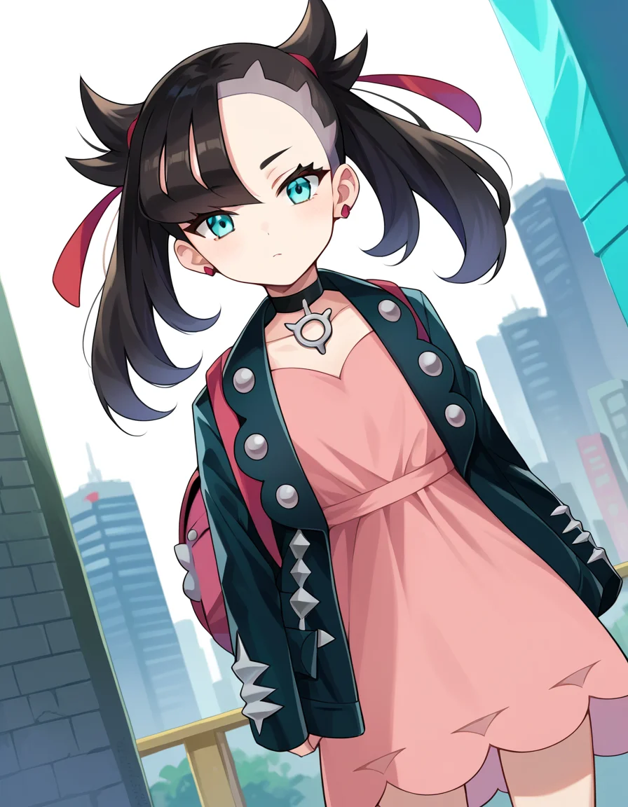 score_9, score_8_up, score_7_up, source_anime,
pokemonmarnie, <lora:pokemon-marnie-ponyxl-lora-nochekaiser:1>
pokemonmarnie, aqua eyes, asymmetrical bangs, asymmetrical hair, black hair, hair ribbon, long hair, red ribbon, ribbon, twintails,
backpack, bag, black choker, black jacket, choker, dress, earrings, jacket, jewelry, long sleeves, open clothes, pink bag, pink dress,
outdoors, cityscape,
looking at viewer, cowboy shot, dutch angle,