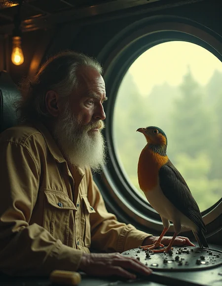 Photo of an old bearded man in a spaceship investigating a finch., (VCTRN:1.2), analogstyle, faded photograph <lora:e377b7657231499e9165dad83cdeb312_pytorch_lora_weights:1> <lora:amateurphoto-6version:0.4> <lora:35mm_joycap:0.4>