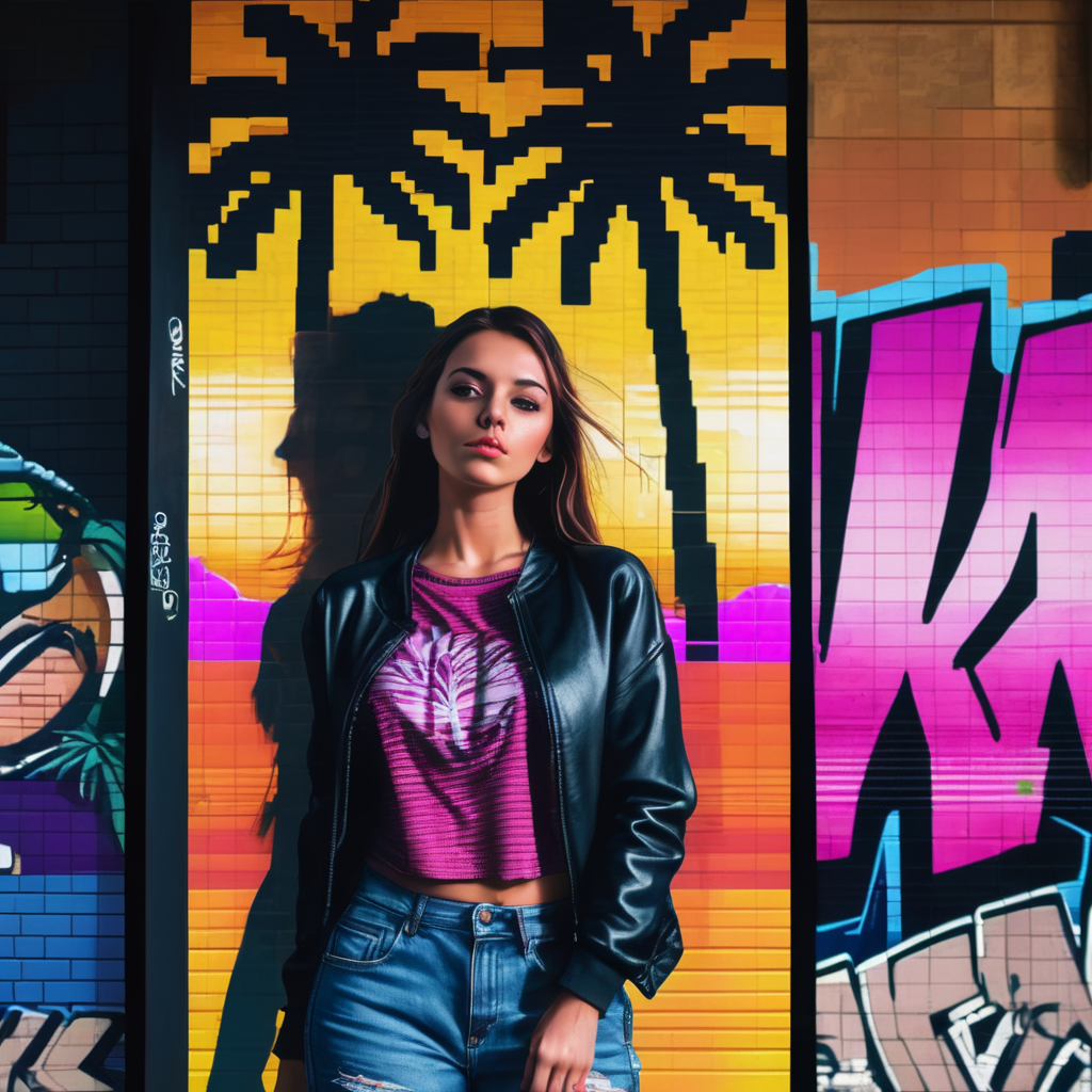 (cga graphics:1.3) (pixel:1.3) graphics of a woman standing in front of a wall with graffiti on it, palm tree in the background, <lora:UrbanGraffiti:0.8>, UrbanGraffiti , cinematic light, (masterpiece:1.3), (intricate:1), best quality, pixelated