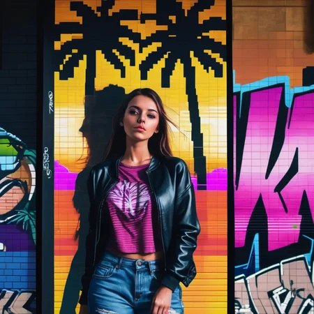 (cga graphics:1.3) (pixel:1.3) graphics of a woman standing in front of a wall with graffiti on it, palm tree in the background, <lora:UrbanGraffiti:0.8>, UrbanGraffiti , cinematic light, (masterpiece:1.3), (intricate:1), best quality, pixelated