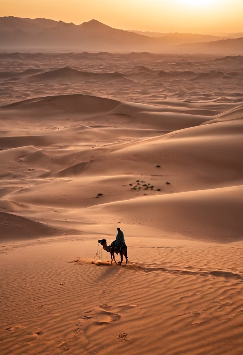 A solitary nomad in flowing robes traverses a vast desert landscape. Sand dunes, camel, oasis in the distance, sunset, wind, footprints, extreme close-up, portrait.