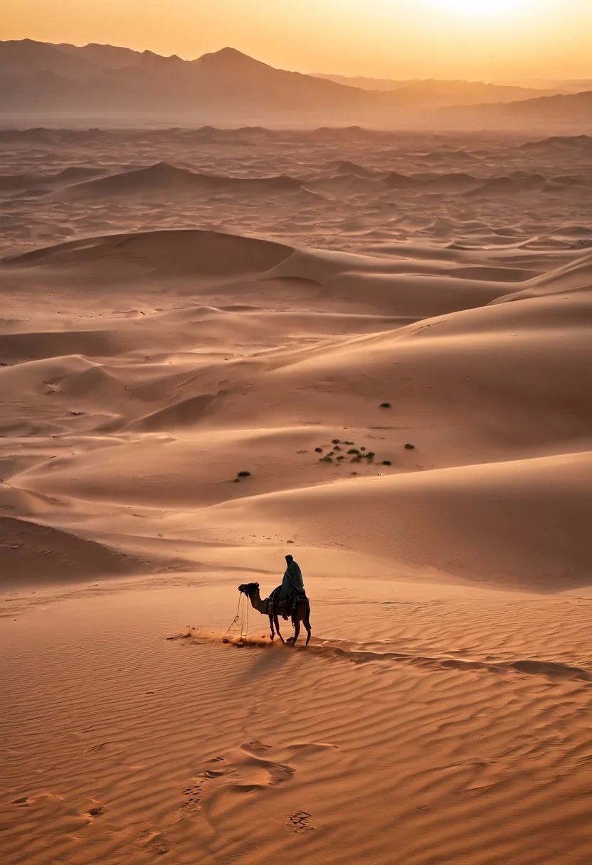 A solitary nomad in flowing robes traverses a vast desert landscape. Sand dunes, camel, oasis in the distance, sunset, wind, footprints, extreme close-up, portrait.