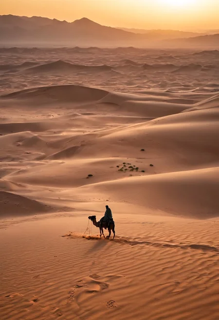 A solitary nomad in flowing robes traverses a vast desert landscape. Sand dunes, camel, oasis in the distance, sunset, wind, footprints, extreme close-up, portrait.