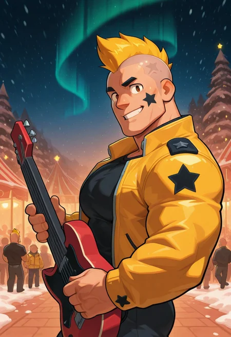 mbtiesfp, 1boy, blonde, short hair, black star on face,, yellow jacket, black shirt, looking at viewer, smirk, grin, happy, brawlStars, in the amusement park, pants, portrait, half body, upper body, amber eyes, shaved mohawk, source_cartoon, vector art, 2d, bara, manly, muscular, 3/4 view, night sky, aurora in the sky, snow, playing guitar, {{holding red electric guitar}}, in the concert, ((floating colorful muscial notes)), snowstorm, Side View, Pec focus, left view, warm lighting, with people walking background, {{colorful glowing musical notes}}