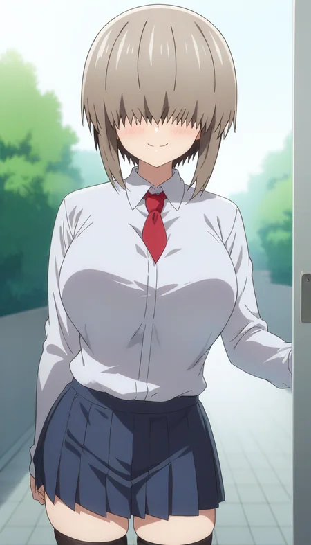score_9,score_8_up,score_7_up,score_6_up BREAK official art,solo,outdoors,cowboy shot,looking at viewer,facing viewer,smile,blush,Yanagi Uzaki,short hair,grey hair,shiny hair,short hair with long locks,sidelocks,long bangs,covered eyes,hair over eyes,no eyes,collarbone,school uniform,white shirt,collared shirt,red necktie,long sleeves,large breasts,skindentation,shirt tucked in,miniskirt,black skirt,pleated skirt,thighs,zettai ryouiki,black thighhighs,loafers,<lora:Yanagi Uzaki(uwa)-Pony:1.6>,