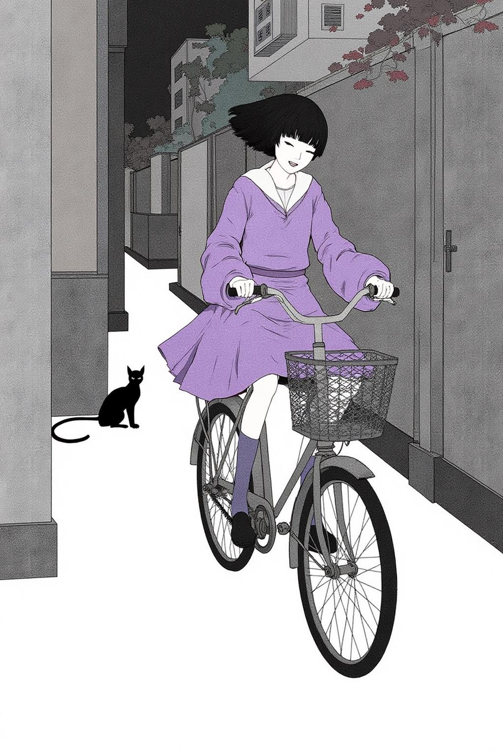 kchiba1 illustration. A Japanese school girl riding a old style bicycle through a narrow, quiet street at night. The happy woman wears a simple, flowing purple dress. In the corner, a small black cat with piercing eyes sits watching her quietly. The mood is tranquil and slightly magical. The background is stark white  <lora:kchiba1_cap_d6a3:1.0><lora:837667898886582858:0>