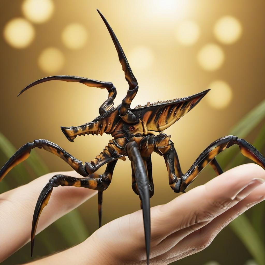a small bug on a man handpalm, features intricate detail, detailed eyes, highly detailed, photography, ultra sharp, film, bokeh, professional, 4k  <lora:Starshiptrooper1024-000477:0.8>