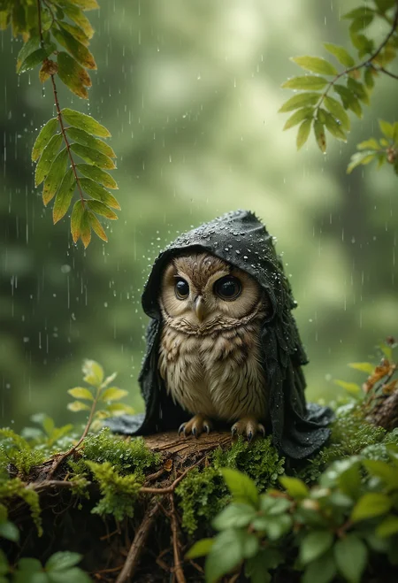 A very small and tiny round owl wear black tattered cloak and robe with hood on, heavy raining, against an ethereal backdrop of soft greens and browns, with delicate, leaves to the side that gives a dreamy, serene ambiance to the scene, <lora:MJ52:0.3>, <lora:SDXLFaeTastic2400:0.4>, <lora:zhibi:0.6>